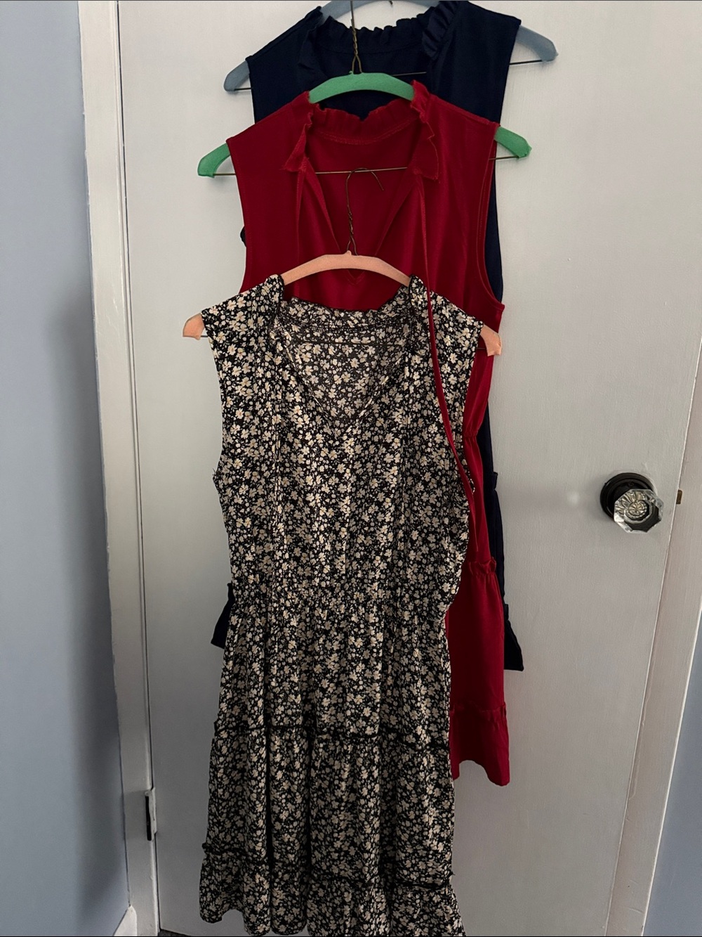 3 Sleeveless Black Floral, Red and Navy Tiered Dress - Classic Everyday Style